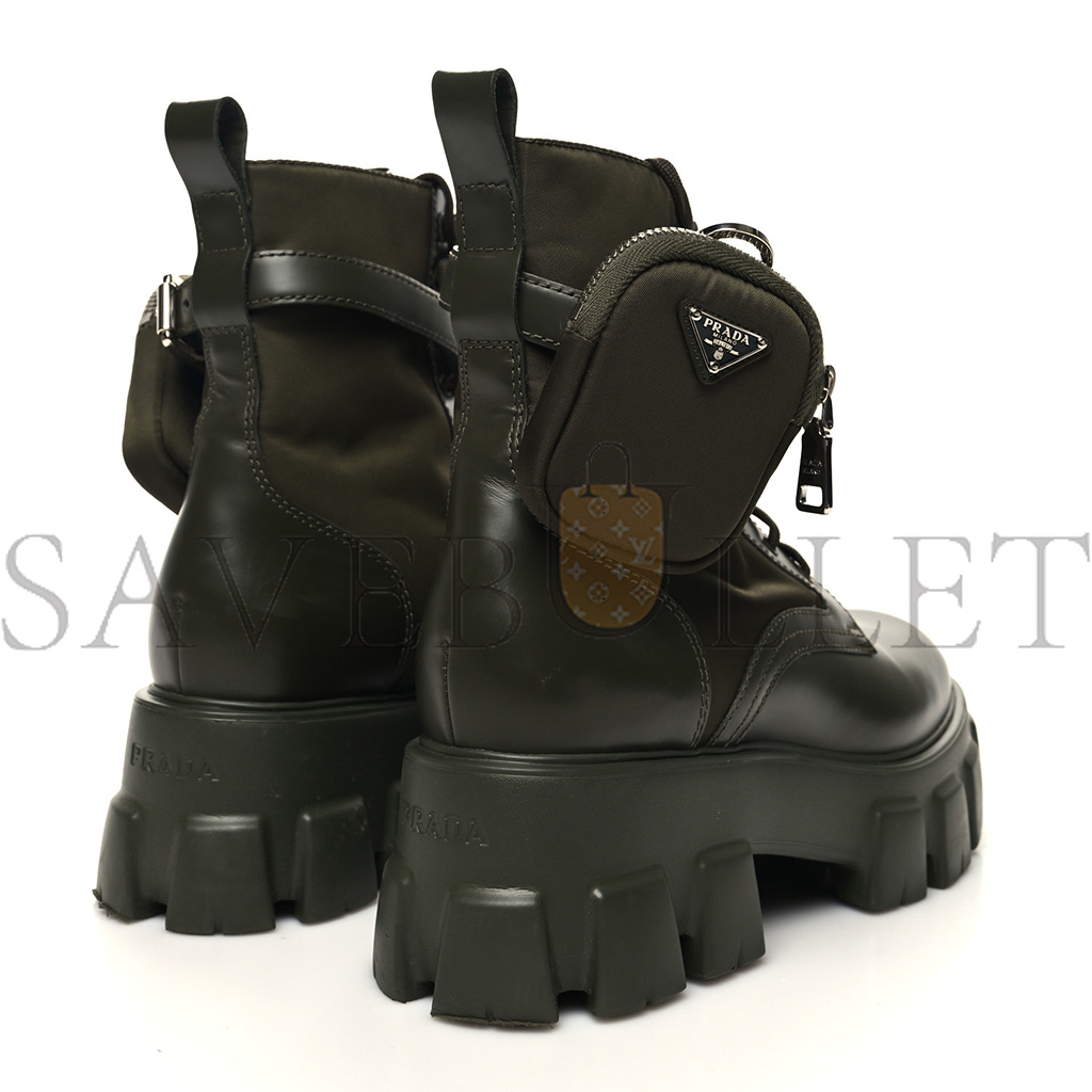 PRADA SPAZZOLATO ROIS RE-NYLON METAL TRIANGLE LOGO MONOLITH POUCH POCKET 55MM BOOTS 40.5 MILITARE
