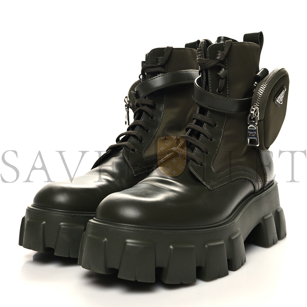 PRADA SPAZZOLATO ROIS RE-NYLON METAL TRIANGLE LOGO MONOLITH POUCH POCKET 55MM BOOTS 40.5 MILITARE