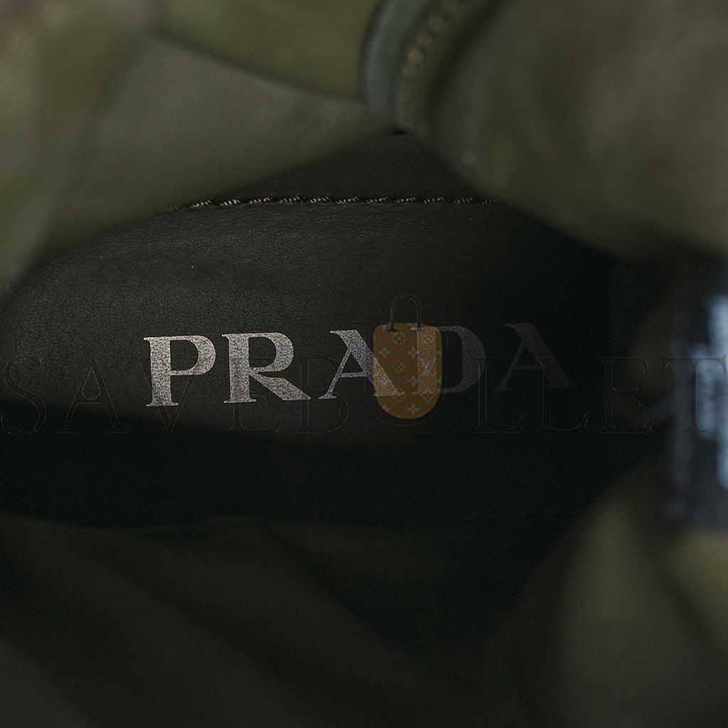 PRADA SPAZZOLATO ROIS RE-NYLON METAL TRIANGLE LOGO MONOLITH POUCH POCKET 55MM BOOTS 40.5 MILITARE