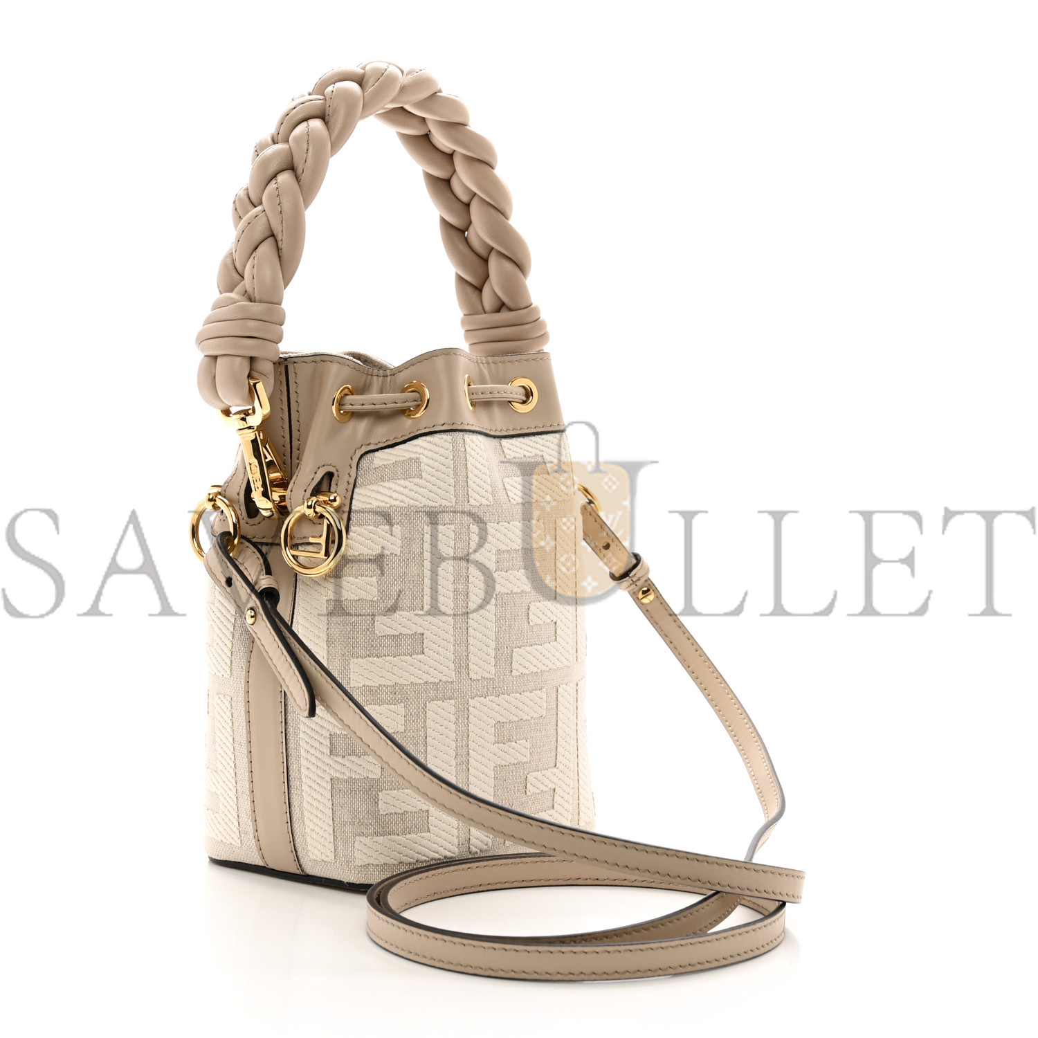 FENDI CANVAS NAPPA F IS FENDI FF EMBROIDERED MINI MON TRESOR BUCKET BAG GREZZO WHITE NUVOLA (18*12*10cm) FENDI CANVAS NAPPA F IS FENDI FF EMBROIDERED MINI MON TRESOR BUCKET BAG GREZZO WHITE NUVOLA (18*12*10cm)