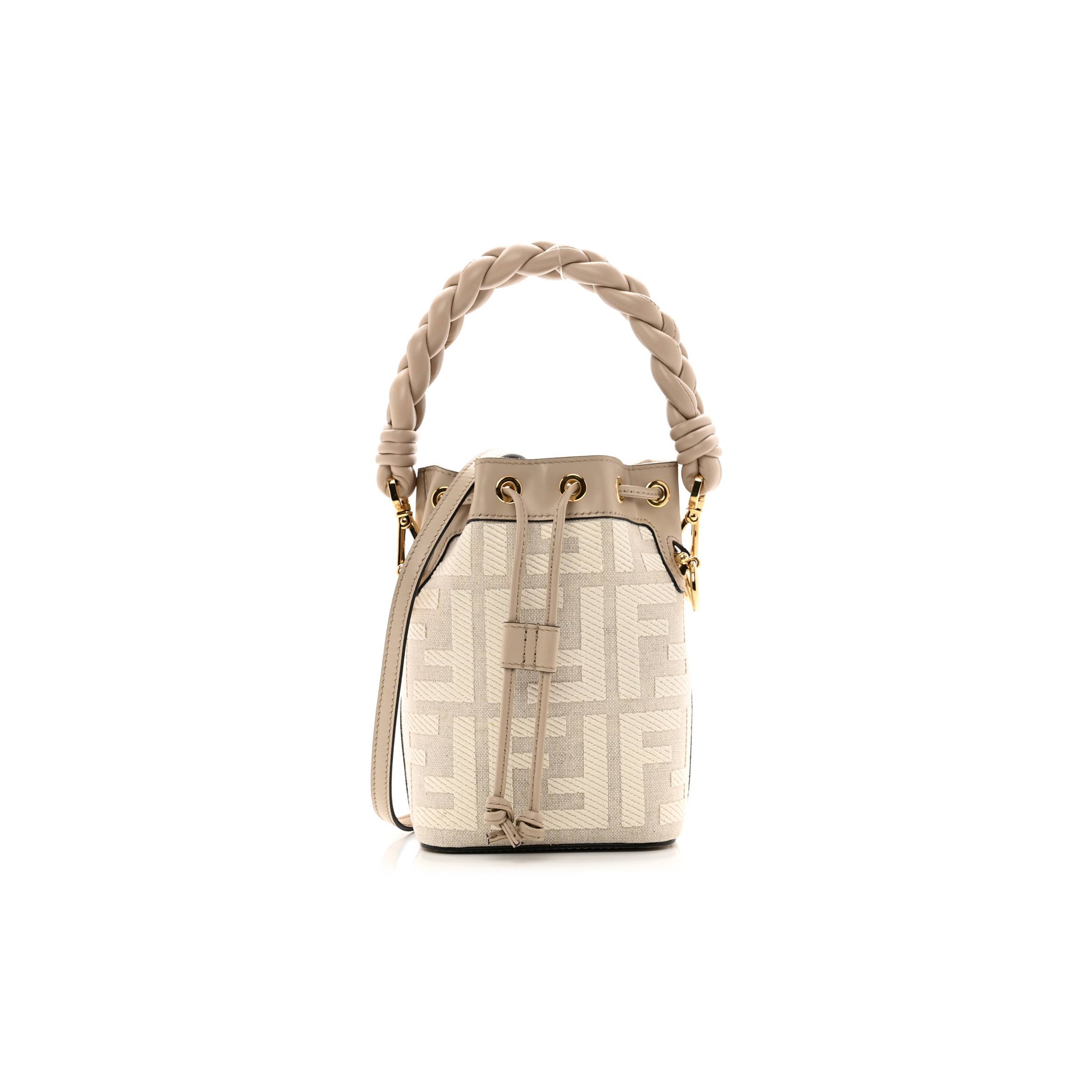 FENDI CANVAS NAPPA F IS FENDI FF EMBROIDERED MINI MON TRESOR BUCKET BAG GREZZO WHITE NUVOLA (18*12*10cm) FENDI CANVAS NAPPA F IS FENDI FF EMBROIDERED MINI MON TRESOR BUCKET BAG GREZZO WHITE NUVOLA (18*12*10cm)