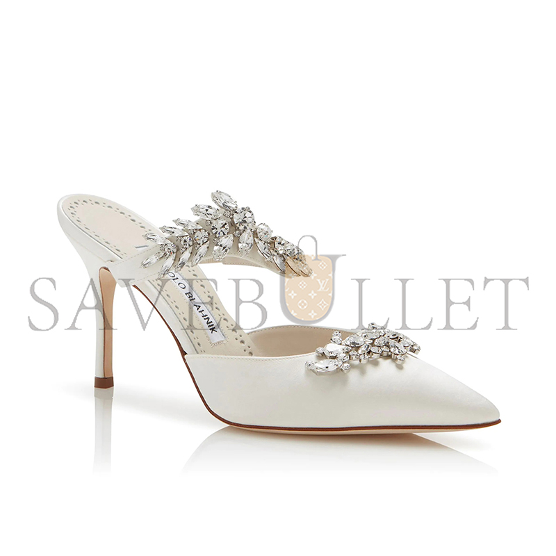 MANOLO BLAHNIK LURUMUS OFF-WHITE SATIN CRYSTAL EMBELLISHED MULES 9XX-0362-0049 MANOLO BLAHNIK LURUMUS OFF-WHITE SATIN CRYSTAL EMBELLISHED MULES 9XX-0362-0049