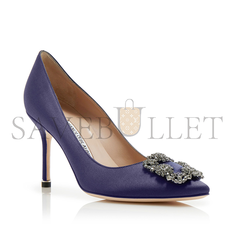 MANOLO BLAHNIK HANGISI 90 DARK BLUE SATIN JEWEL BUCKLE PUMPS 9XX-0663-0031 MANOLO BLAHNIK HANGISI 90 DARK BLUE SATIN JEWEL BUCKLE PUMPS 9XX-0663-0031
