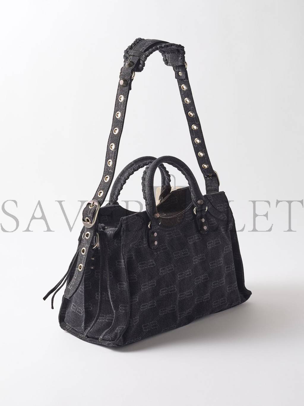 BALENCIAGA BLACK NEO CAGOLE CITY BB-LOGO DENIM SHOULDER BAG MATCHESFASHION US (39*25*18cm)