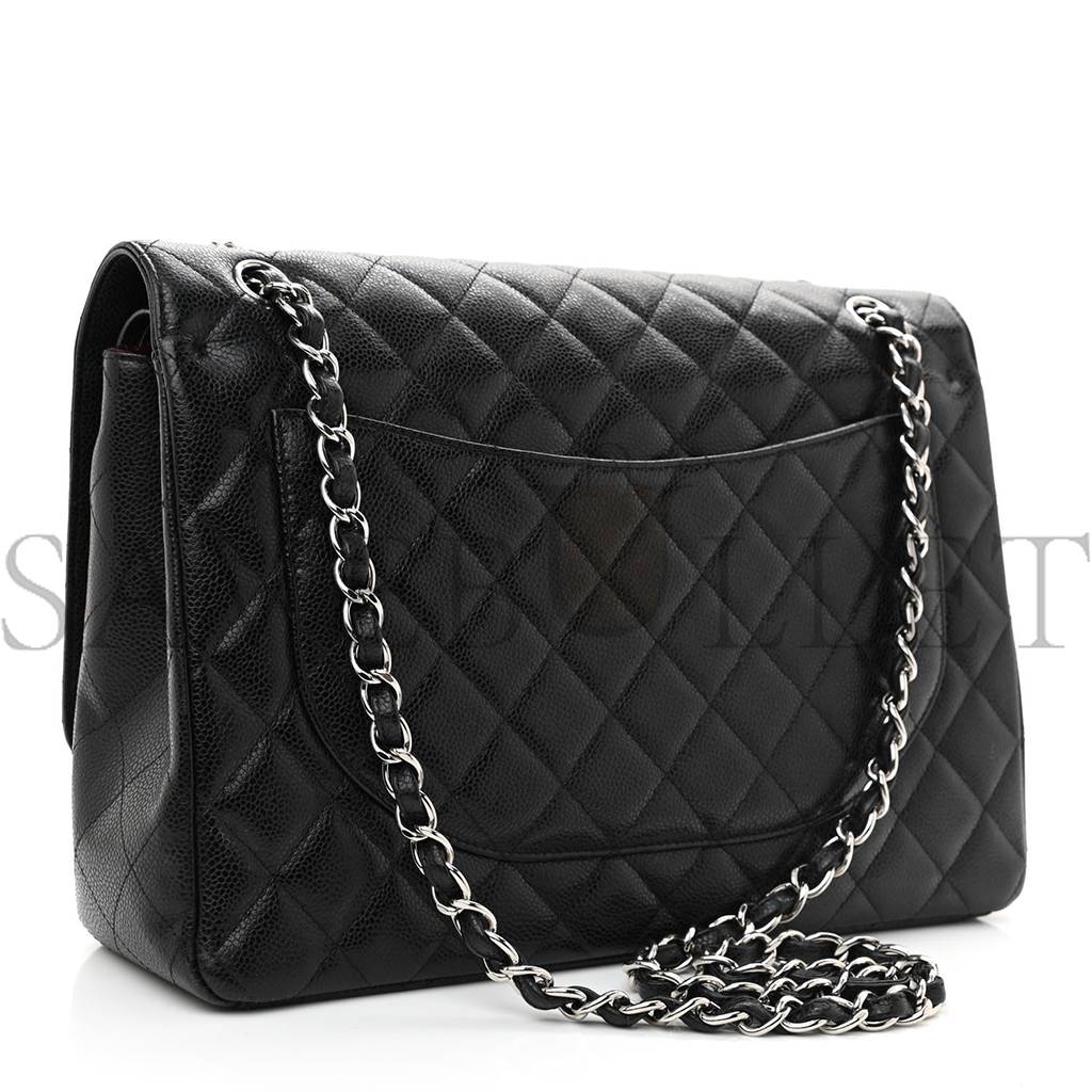 CHANEL CAVIAR QUILTED MAXI DOUBLE FLAP BLACK SILVER HARDWARE (33*24*9cm)