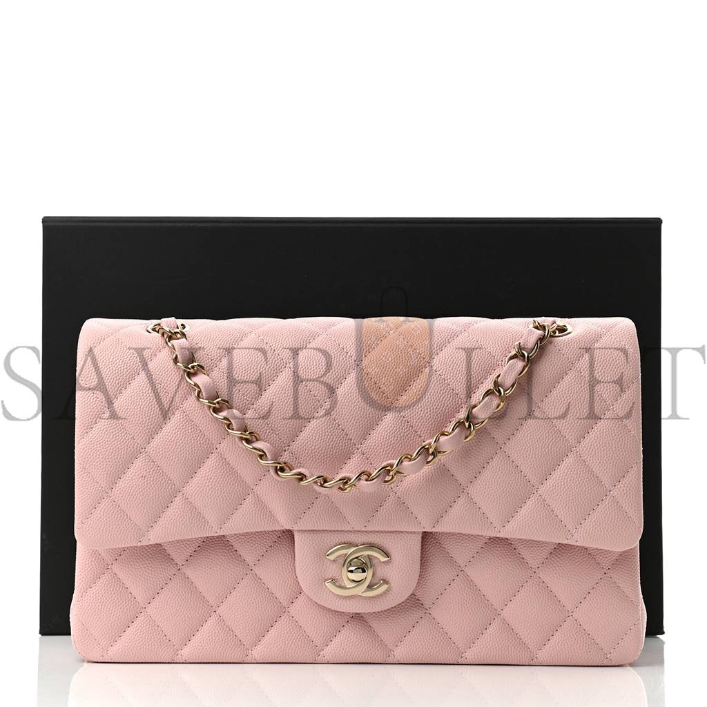 CHANEL CAVIAR QUILTED MEDIUM DOUBLE FLAP LIGHT PINK ROSE GOLD HARDWARE (25*15*6cm)