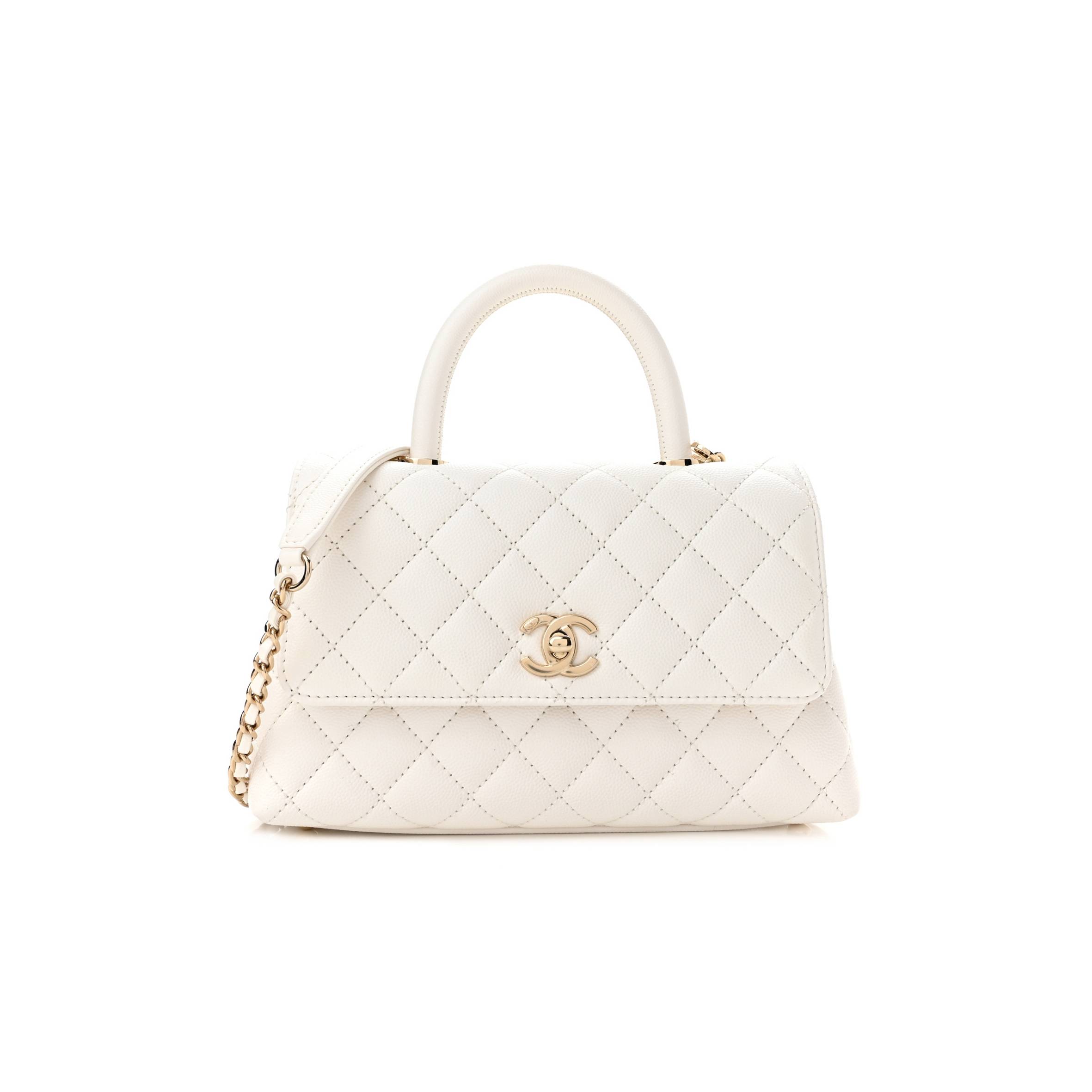CHANEL CAVIAR QUILTED MINI COCO HANDLE FLAP WHITE GOLD HARDWARE (23*15*9cm)