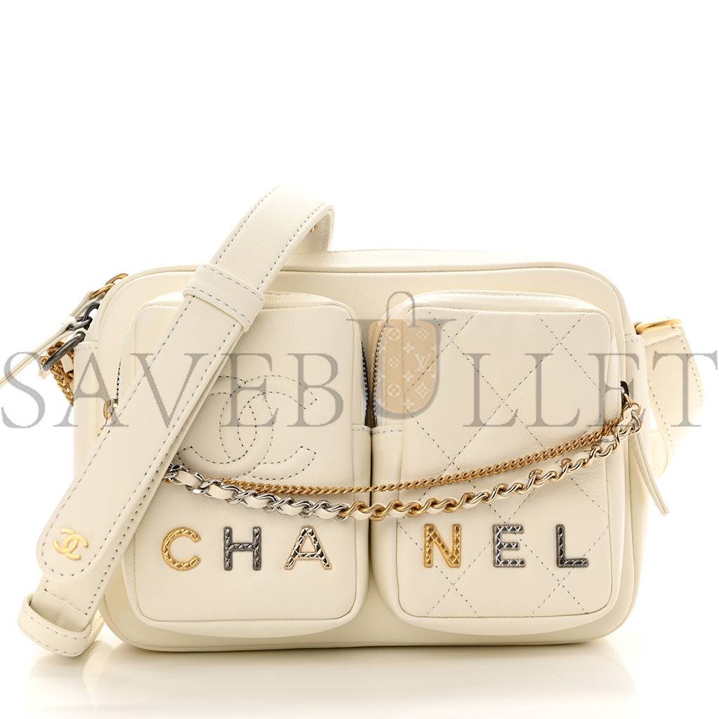 CHANEL CALFSKIN QUILTED SMALL CAMERA CASE WHITE GOLD HARDWARE (21*15*4cm)