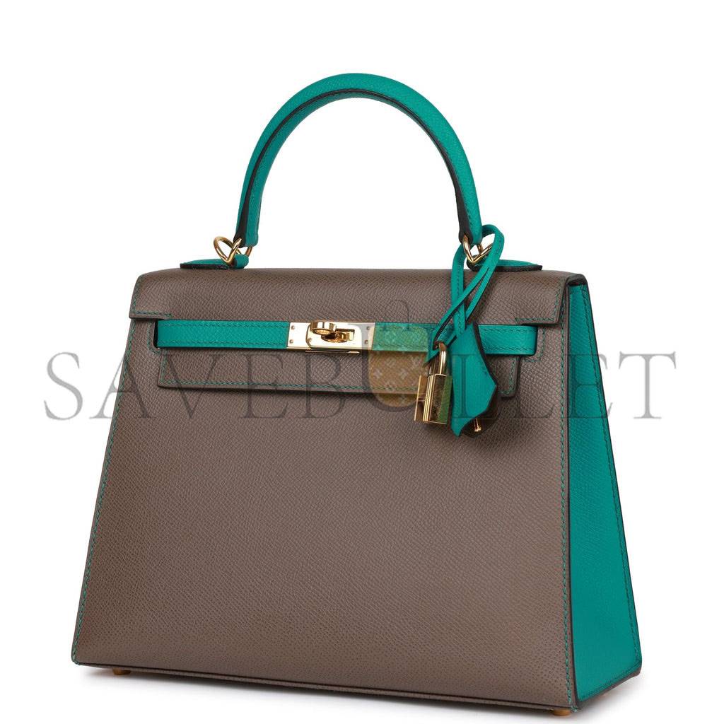 HERMES SPECIAL ORDER (HSS) KELLY SELLIER 25 ETAIN AND BLEU PAON EPSOM GOLD HARDWARE HANDMADE(25*17*7cm)