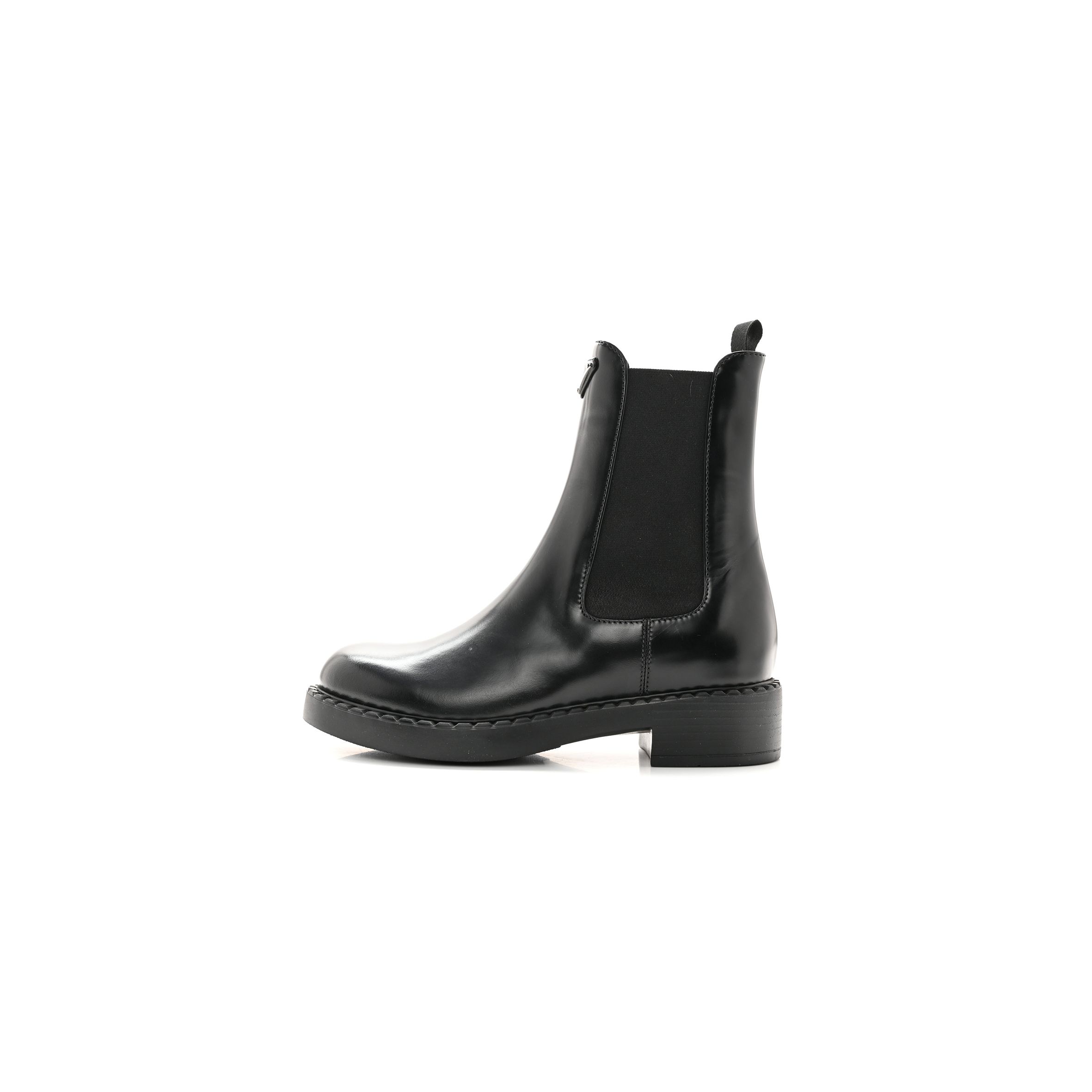 PRADA SPAZZOLATO METAL TRIANGLE LOGO 50MM CHELSEA BOOTS 38 BLACK