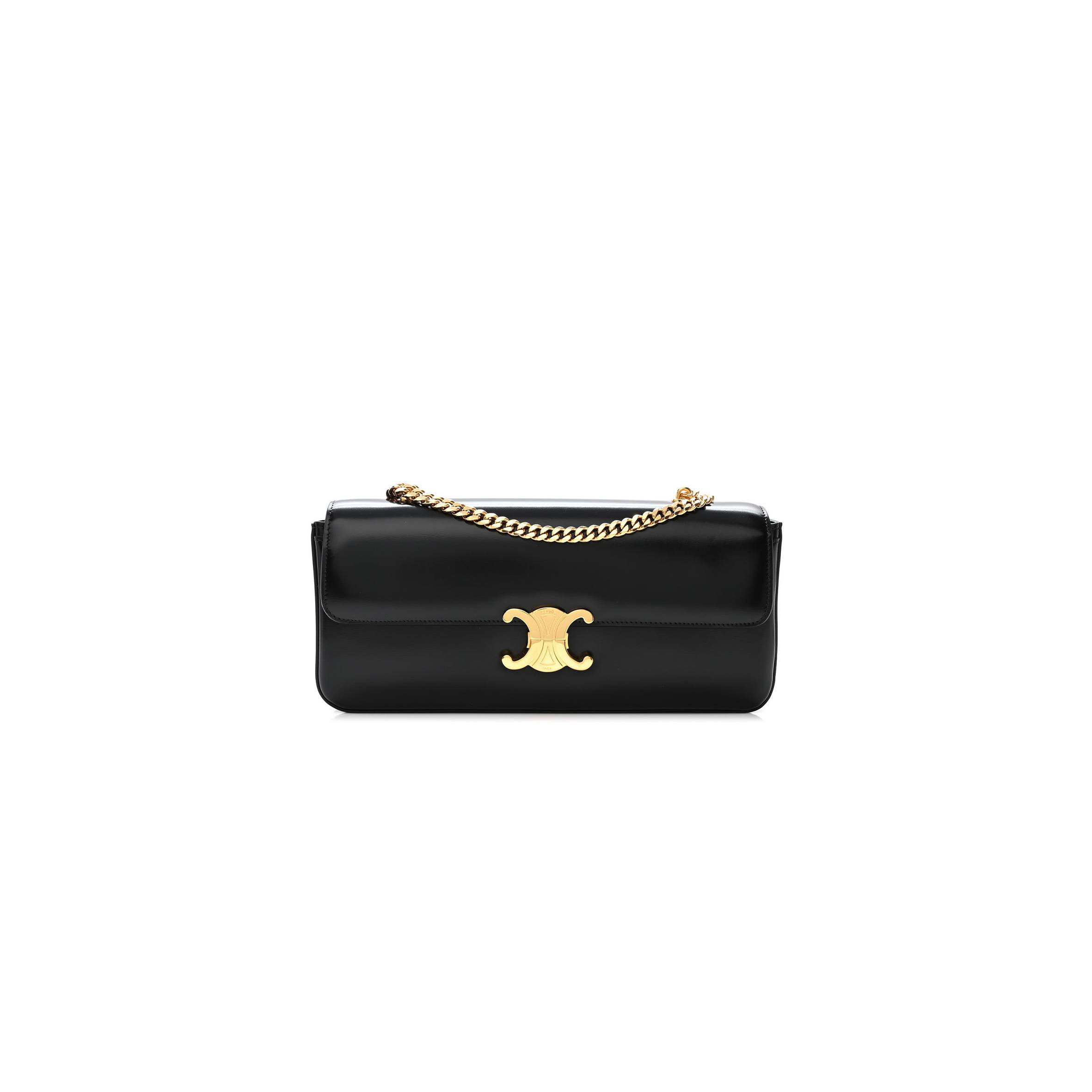 CELINE SHINY CALFSKIN TRIOMPHE CHAIN BAG BLACK (30*13*4cm) CELINE SHINY CALFSKIN TRIOMPHE CHAIN BAG BLACK (30*13*4cm)