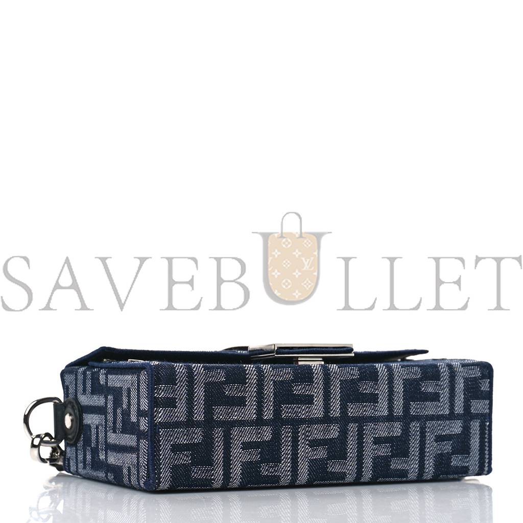 FENDI FABRIC JACQUARD REACTIVE JEAN DENIM VITELLO COVER FF BAGUETTE SOFT TRUNK BLUE BLACK (21*12*6cm)